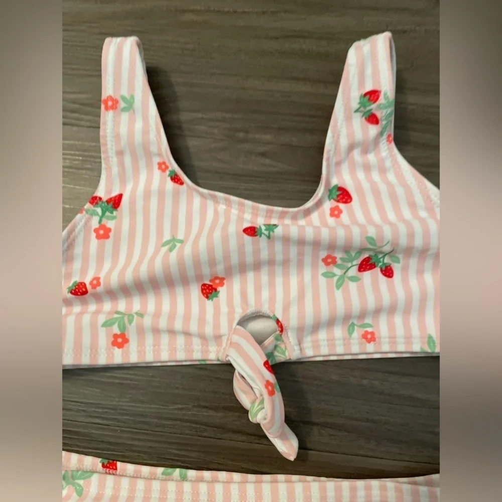 Old Navy Pink and White Striped Bikini with strawberry print two piece size S6/7